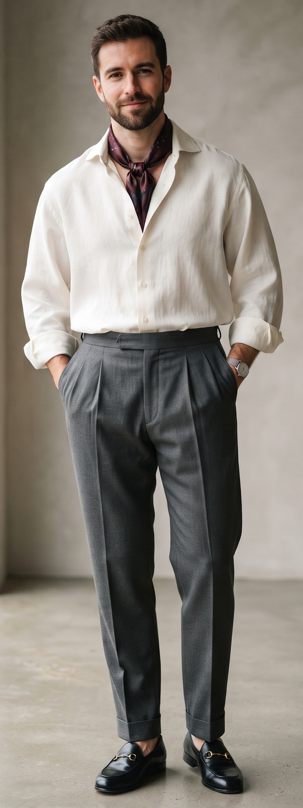 Relaxed Cream Linen Shirt with Silk Neckerchief and Horsebit Loafers