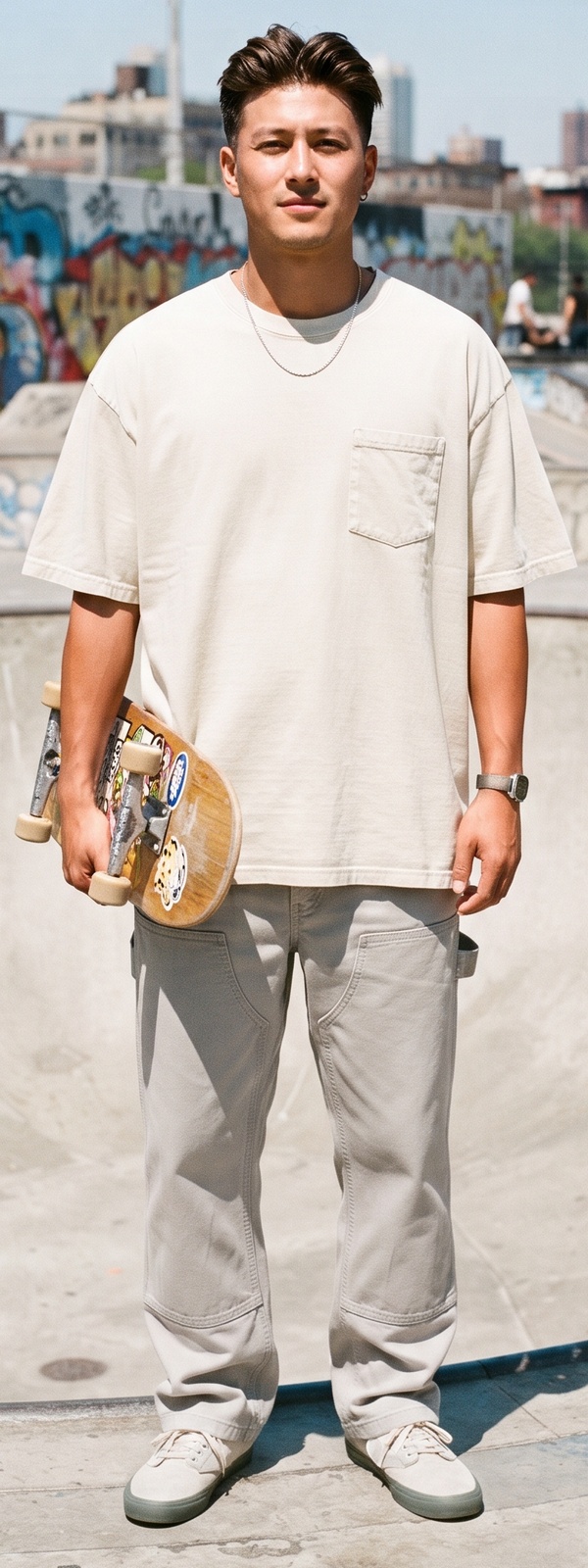 Cream Heavyweight Pocket Tee and Grey Carpenter Pants Skate Park Look