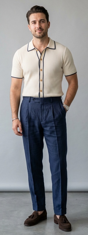 Cream Rib-Knit Button-Through Cardigan Polo with Navy Pleated Linen Pants and Loafers