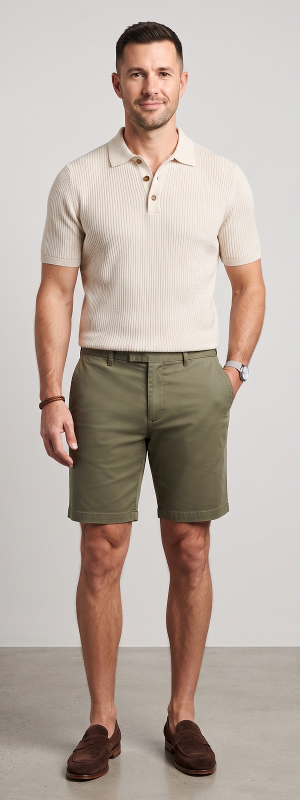Cream Ribbed Knit Polo and Olive Chino Shorts Summer Look