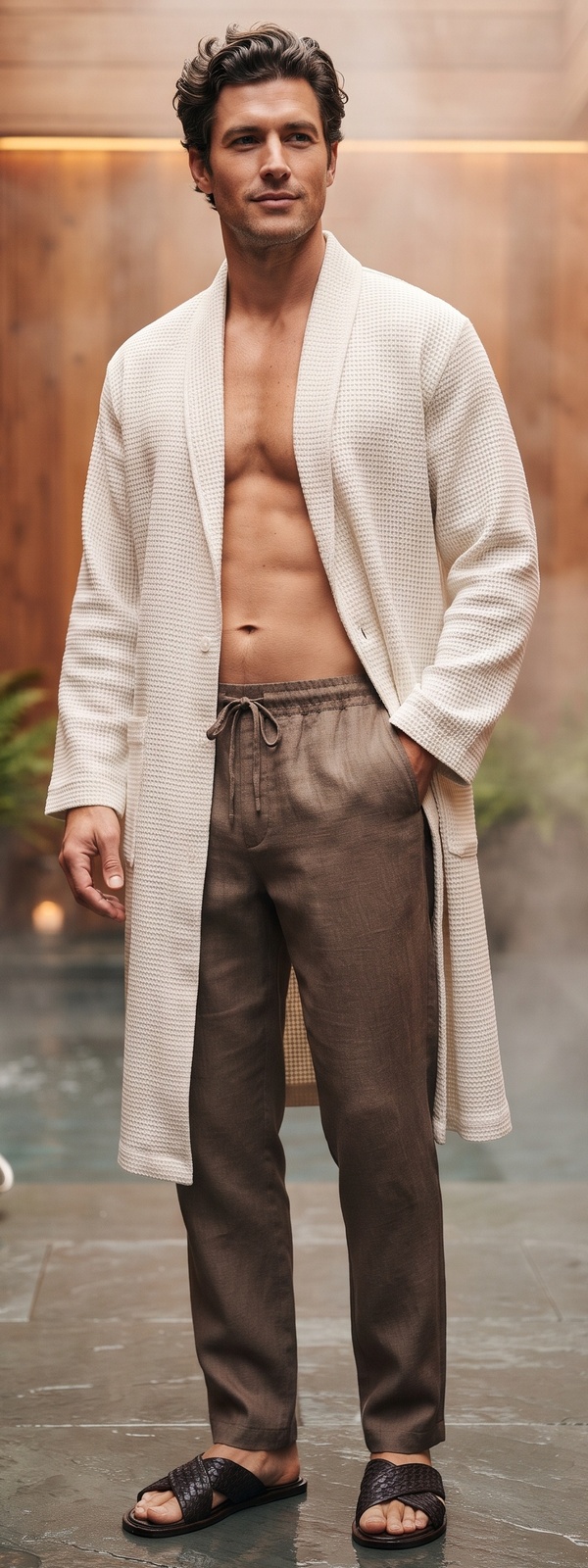 Cream Waffle Knit Bathrobe with Taupe Linen Lounge Pants and Leather Slides