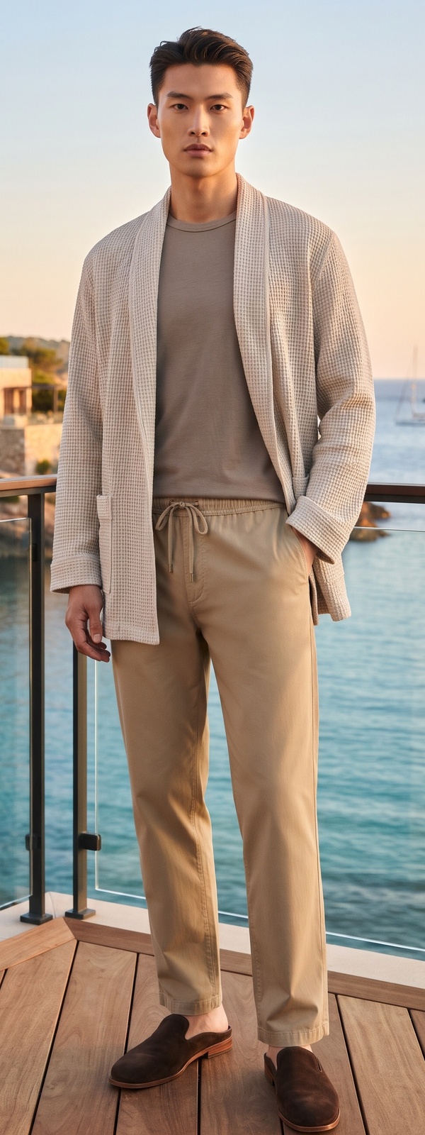 Cream Waffle Knit Robe Cardigan, Taupe Tee, and Drawstring Chinos