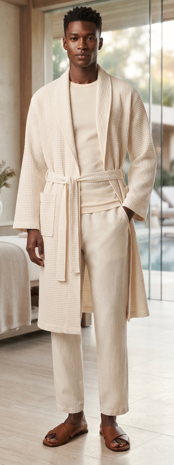 Cream Waffle Spa Robe, Crewneck Tee & Linen Lounge Pants