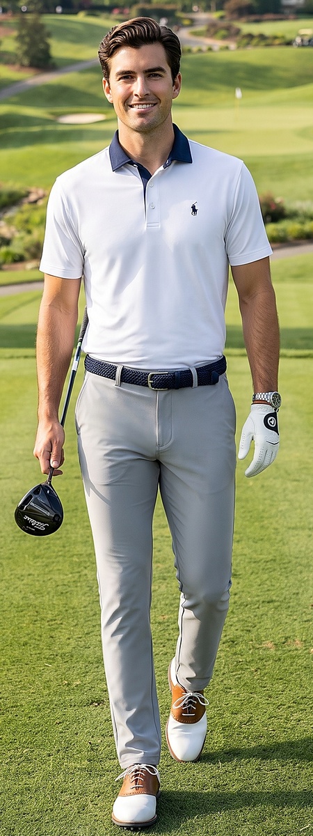 Sophisticated Crisp White Polo and Charcoal Grey Golf Pants Ensemble