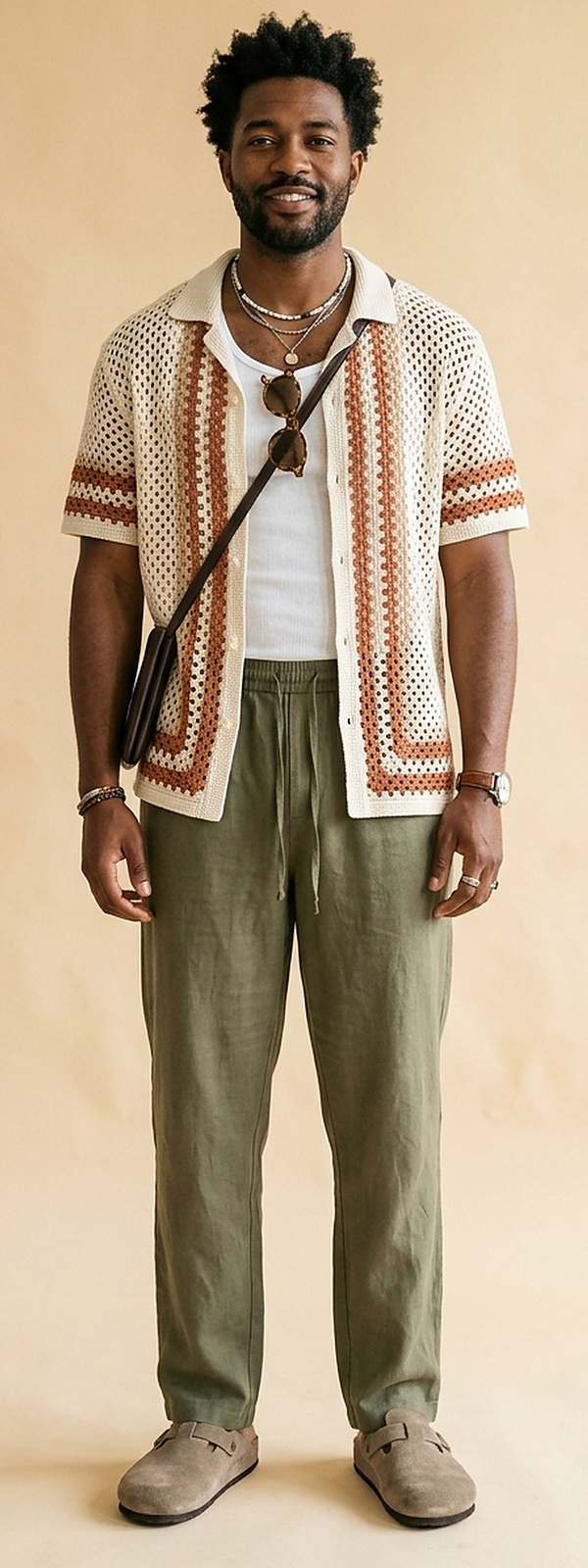 Creative Summer Festival Crochet Knit Resort Shirt with Olive Linen Drawstring Pants and Suede Mules