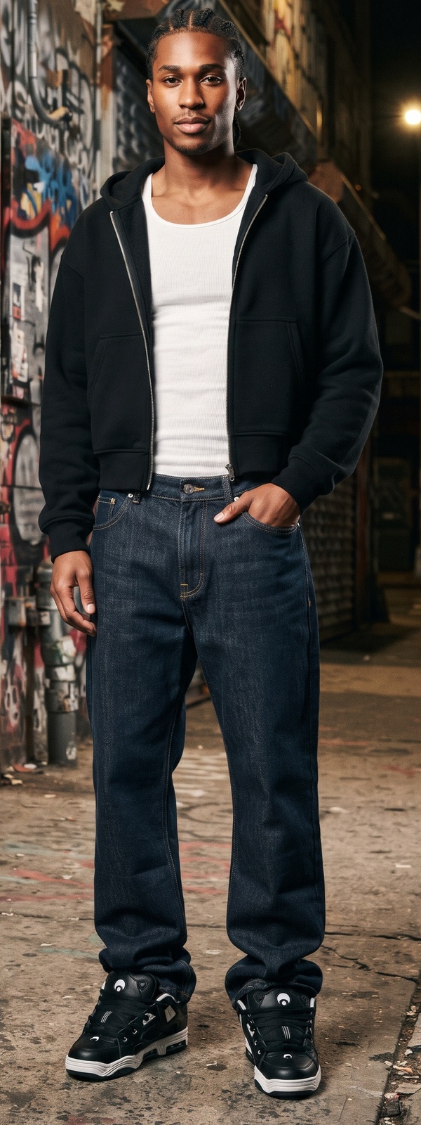 Cropped Black Zip Hoodie with Baggy Dark Jeans and Skate Sneakers
