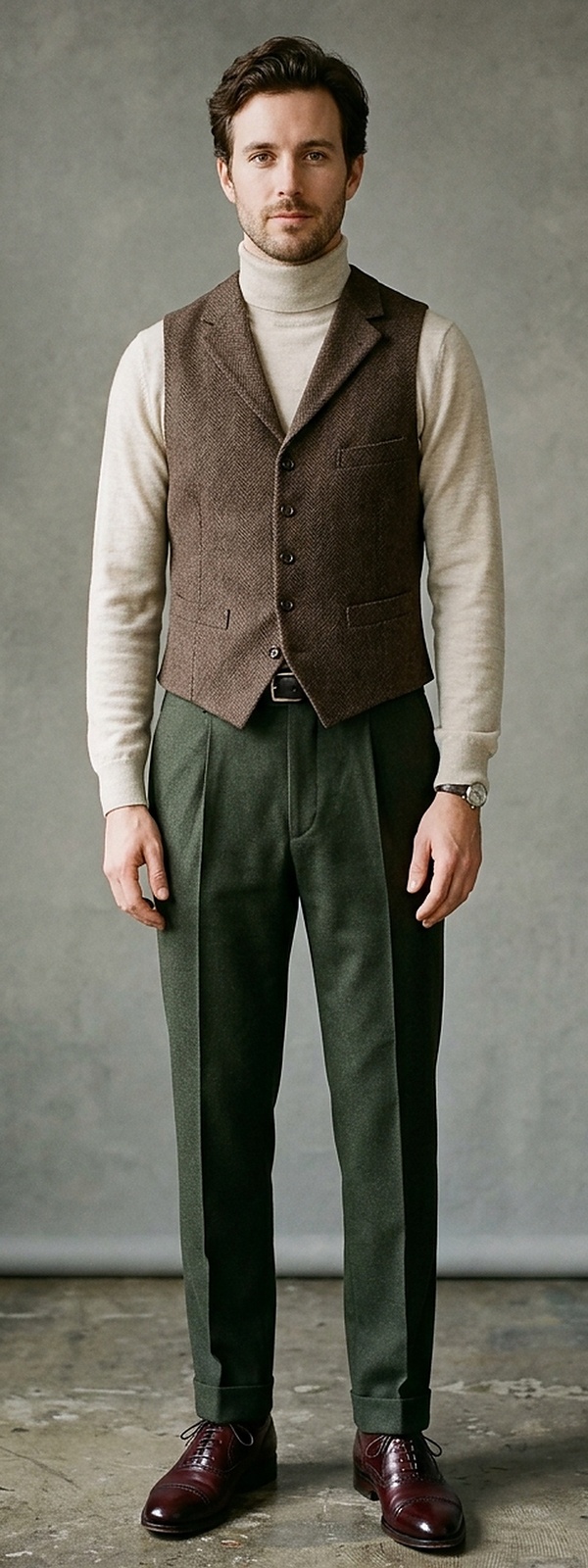 Dark Academia Herringbone Tweed Waistcoat and Merino Rollneck with Olive Flannels