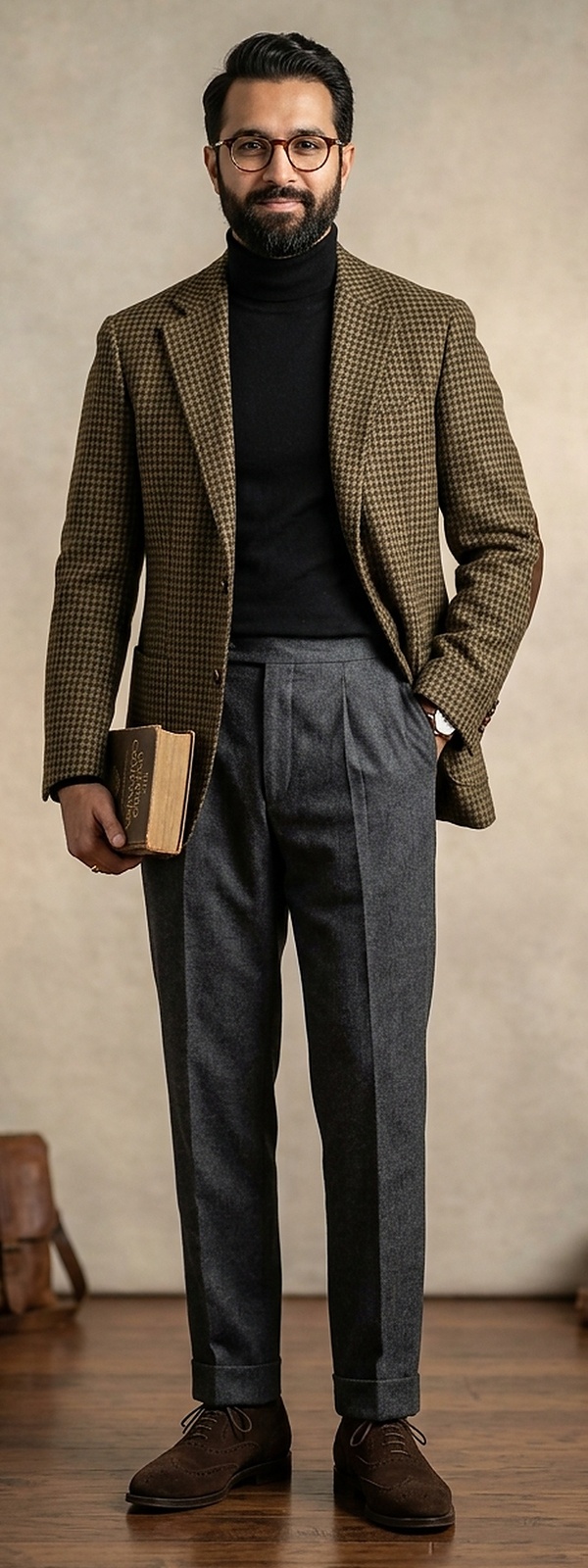 Dark Academia Houndstooth Tweed Blazer with Black Merino Rollneck and Flannel Trousers