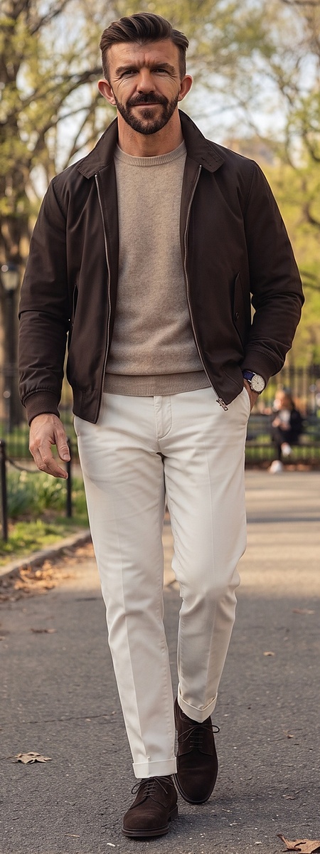 Dark Brown Harrington Jacket Oatmeal Knit and White Dress Pants Look