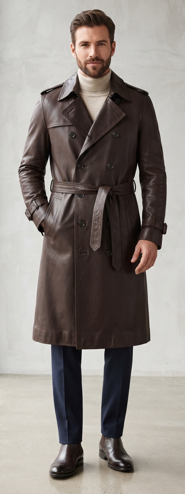 Dark Brown Leather Trench Coat with Beige Turtleneck Sweater