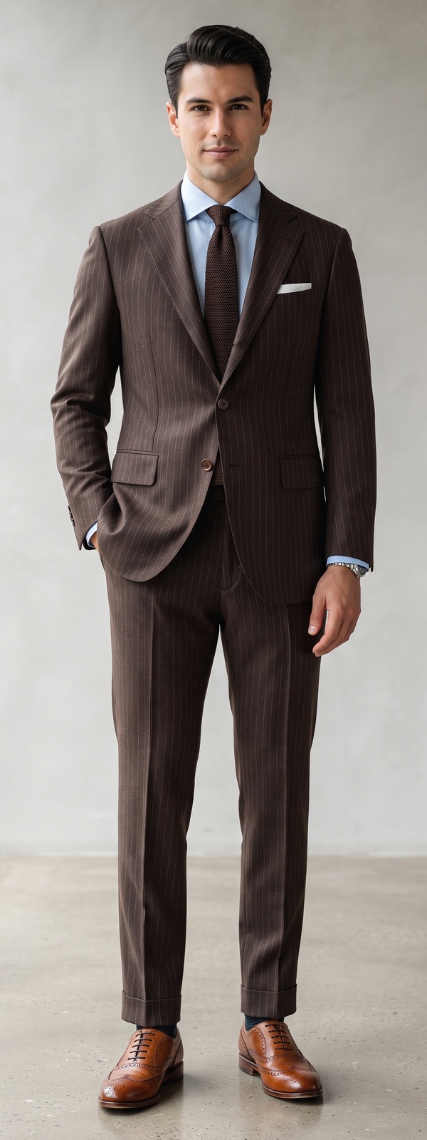 Dark Brown Pinstripe Wool Suit with Light Blue Shirt and Wingtip Brogues