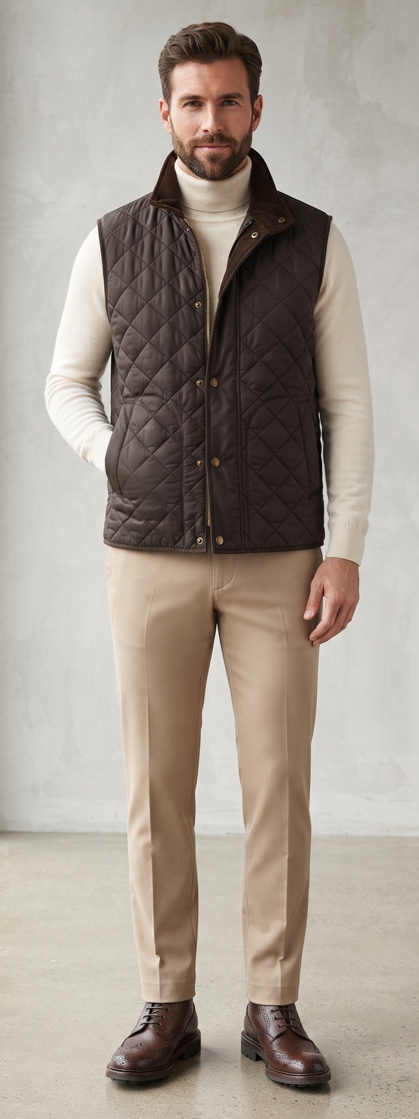 Dark Brown Diamond Quilted Vest with Cream Turtleneck and Khaki Pants
