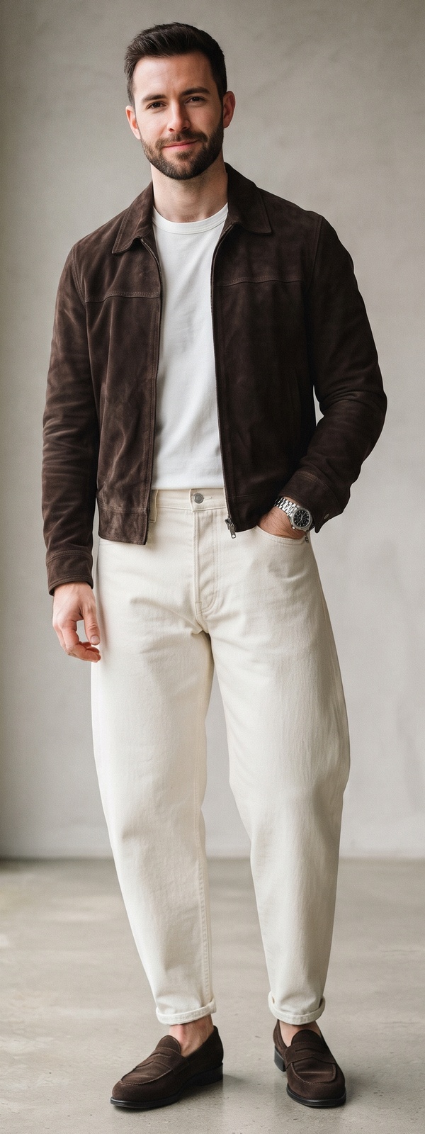 Dark Brown Suede Harrington Jacket with White T-Shirt and Ecru Barrel Jeans