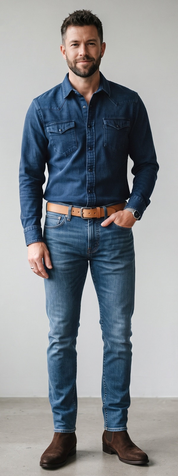 Dark Denim Western Shirt With Medium-Wash Blue Jeans and Brown Suede Chelsea Boots