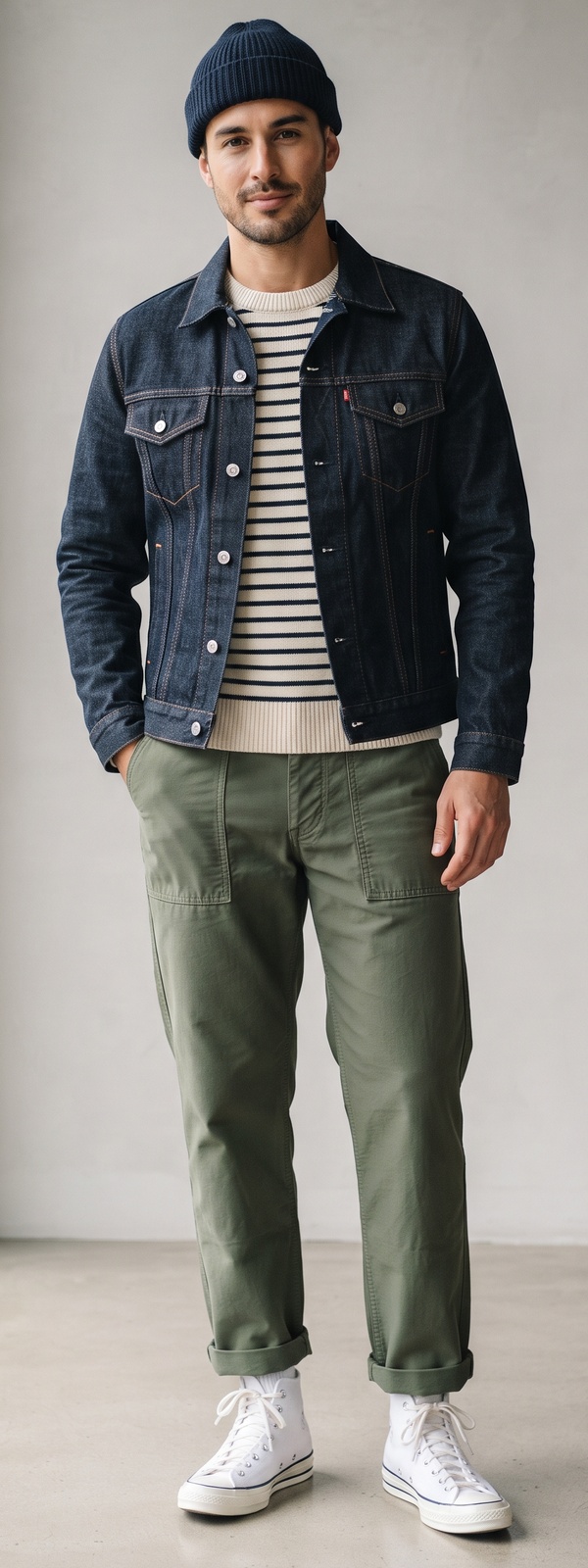 Dark Indigo Denim Trucker Jacket with Striped Sweater and Olive Fatigue Pants
