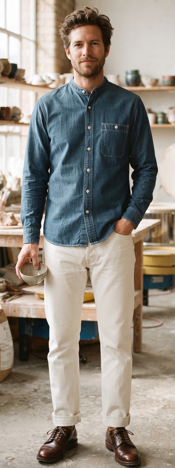 Artisan Studio Denim Band Collar Shirt and Ecru Jeans Look