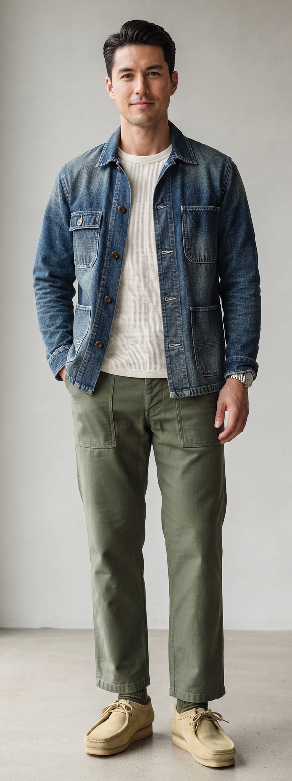 Medium Wash Denim Chore Jacket with Waffle Thermal and Olive Fatigue Pants