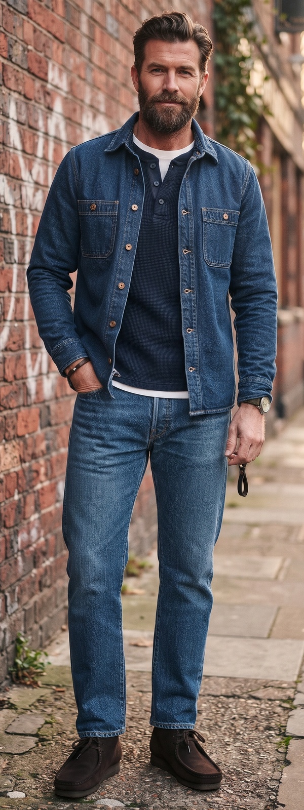 Denim Overshirt, Waffle Henley & Medium Wash Jeans