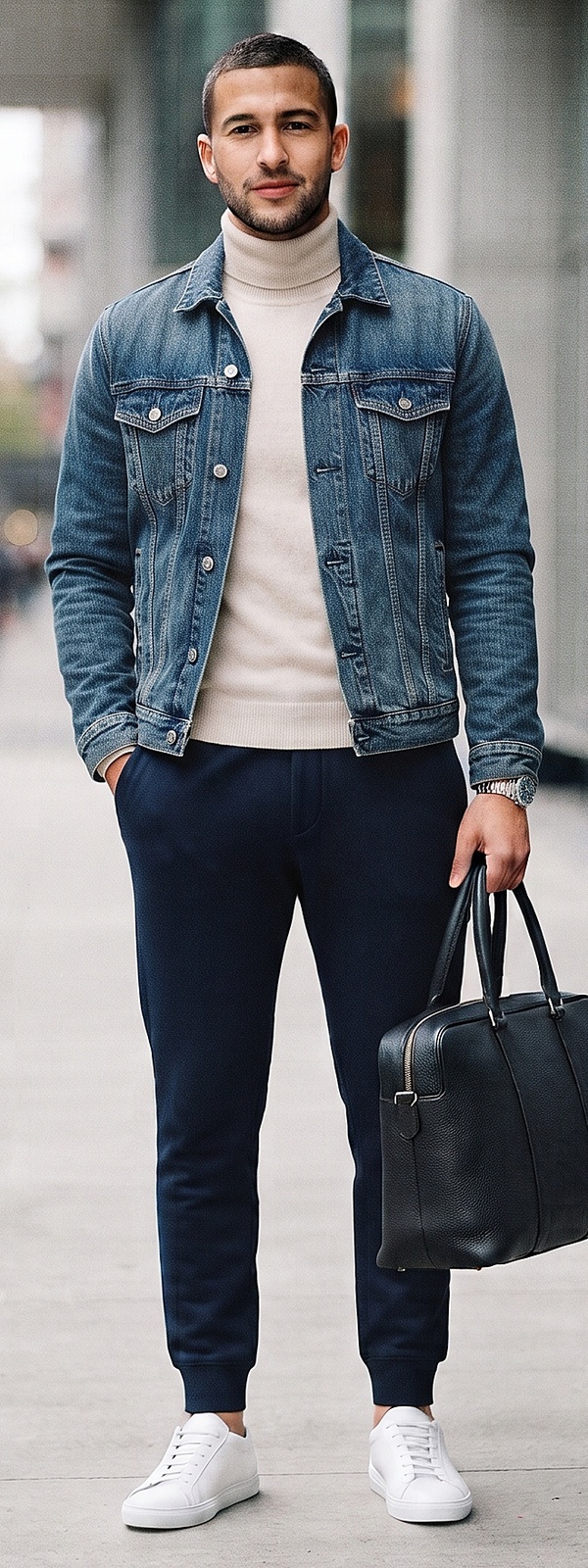 Denim Trucker Jacket Cream Turtleneck Sweater and Navy Jogger Sweatpants