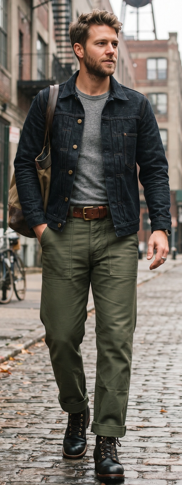 Brooklyn Urban Workwear Denim Trucker Jacket and Olive Fatigue Pants Look