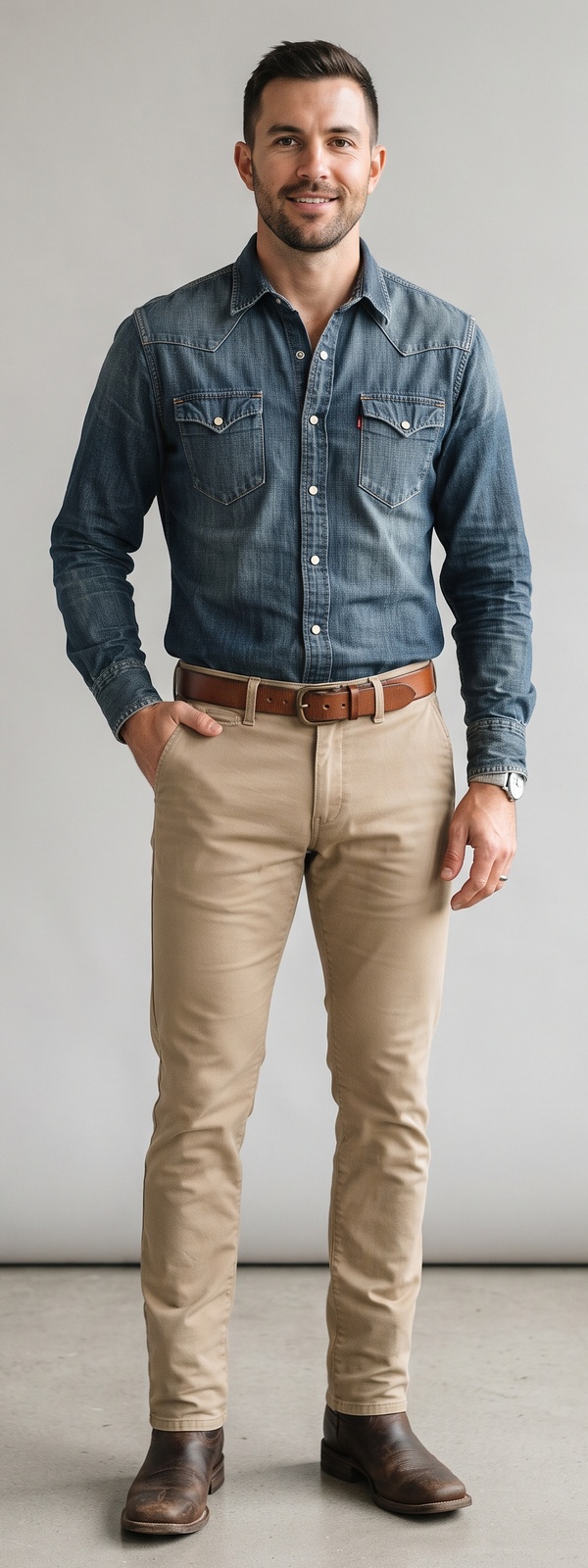 Medium-Wash Denim Western Shirt With Tan Chinos and Square-Toe Cowboy Boots