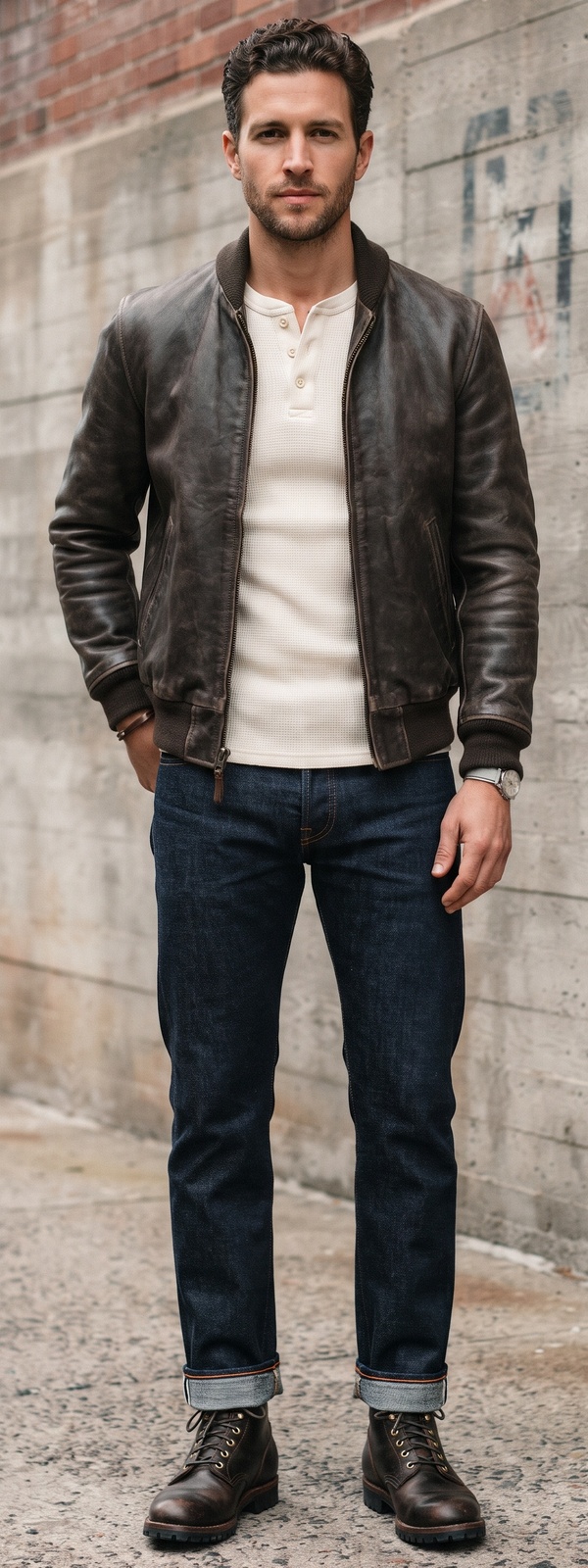 Distressed Leather Bomber, Cream Henley & Raw Jeans