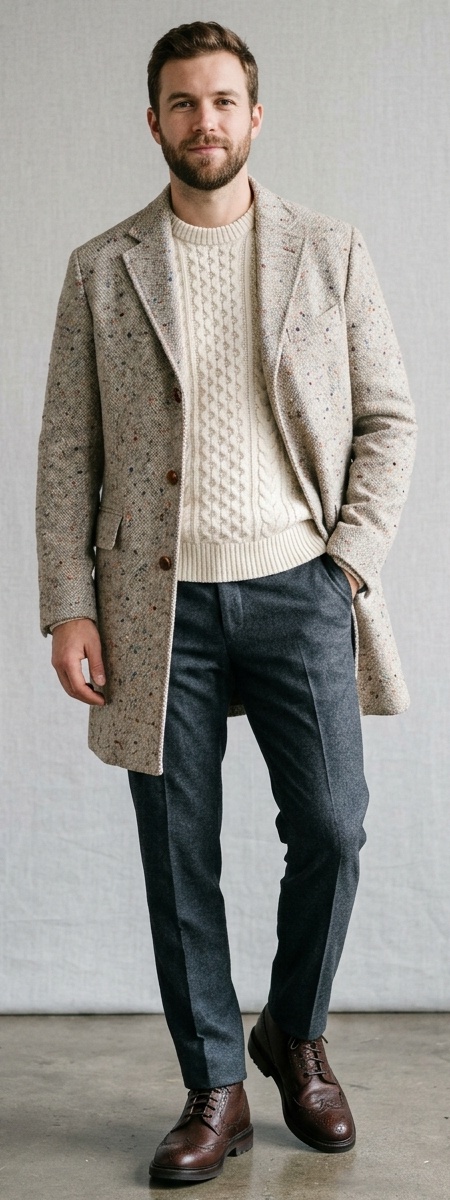 Oatmeal Speckled Donegal Tweed Overcoat with Cream Cable Knit and Flannel Trousers