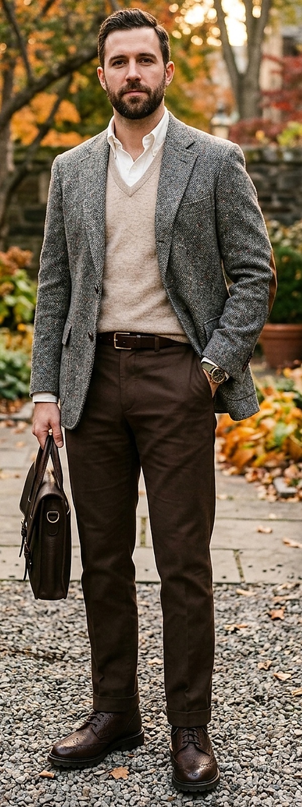 Heritage Donegal Tweed Sport Coat with Knit Vest and Moleskin Pants Look