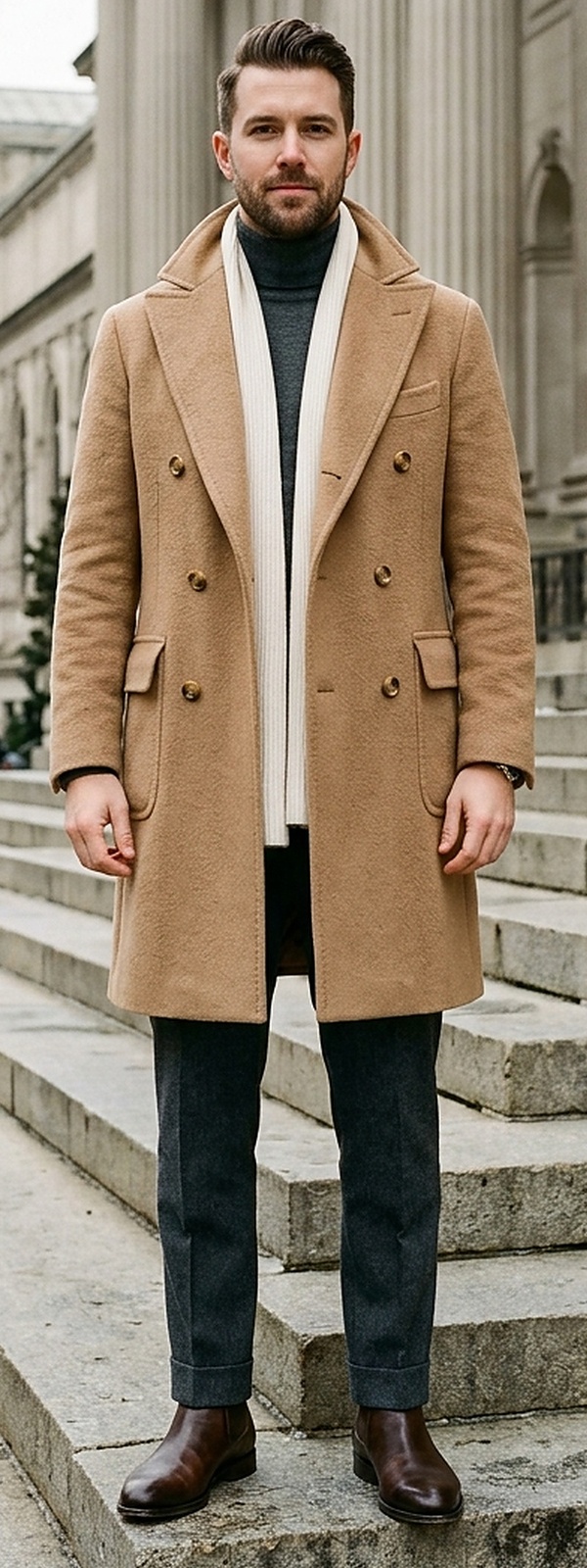 Timeless Double-Breasted Camel Hair Polo Coat Charcoal Flannels Look