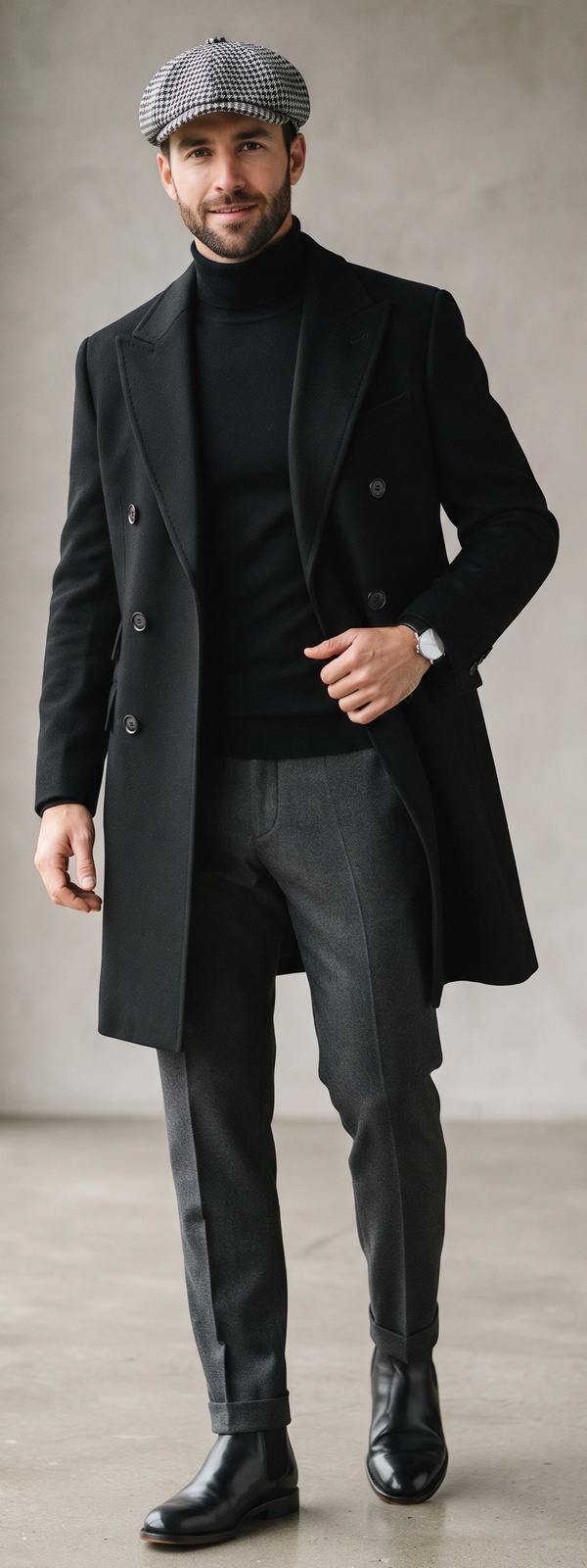 Double Breasted Black Overcoat with Turtleneck and Houndstooth Baker Boy Cap
