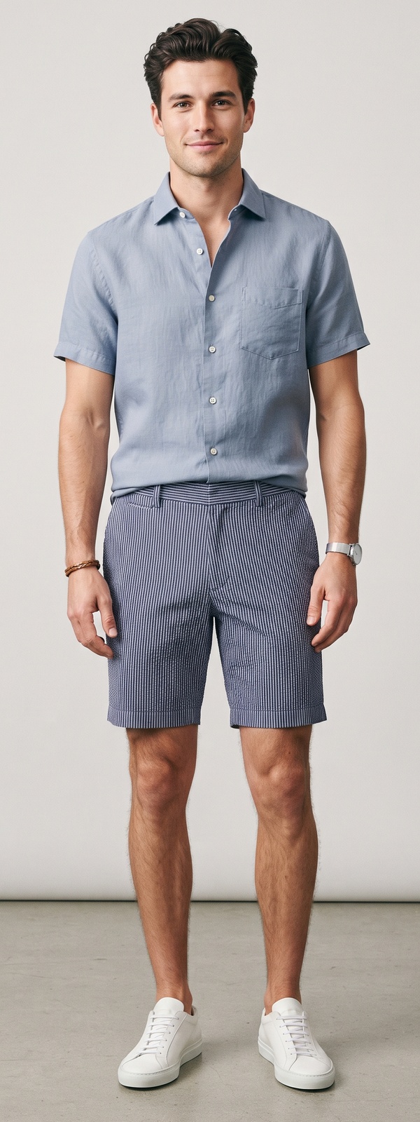 Dusty Blue Linen Shirt and Navy Seersucker Shorts Summer Look