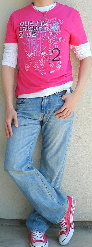 Early 2000s Y2K Inspired Pink Layered Graphic Tee Light Wash Jeans and Canvas Sneakers Casual Outfit