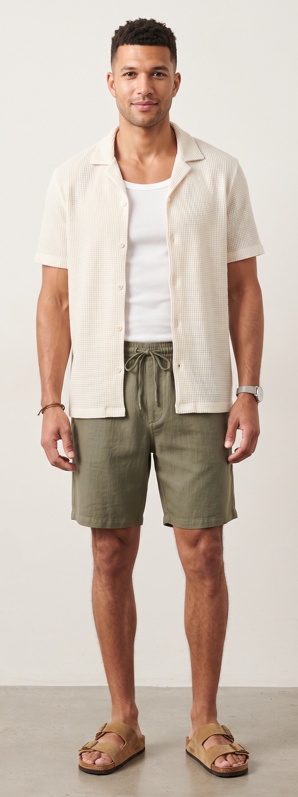 Ecru Waffle Knit Shirt and Olive Drawstring Shorts Look