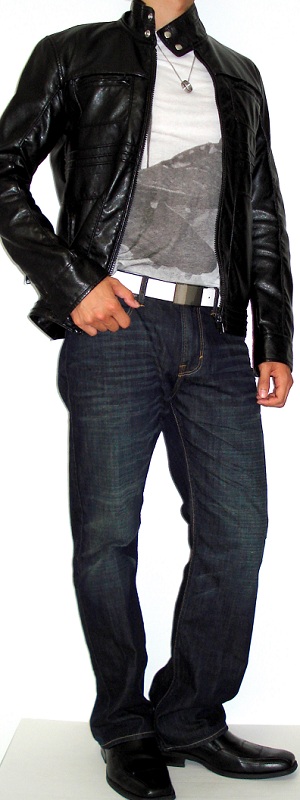 Edgy Black Leather Jacket with White Graphic Tee Dark Wash Jeans and Black Loafers Outfit