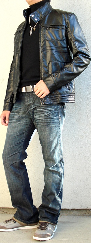 Edgy Black Leather Moto Jacket with Black Turtleneck Sweater and Bootcut Jeans Outfit