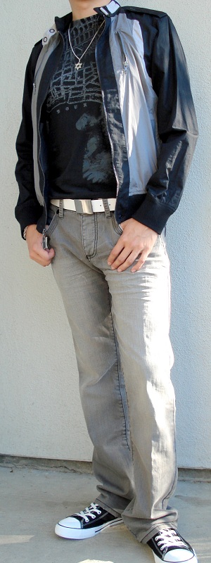 Edgy Men's Black Bomber Jacket and Graphic Tee Streetwear Outfit with Grey Jeans
