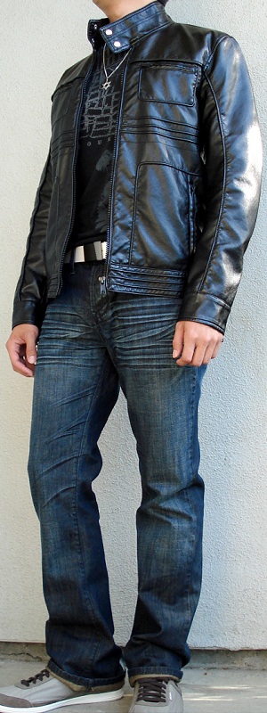Edgy Street Style Black Leather Jacket with Faded Blue Jeans