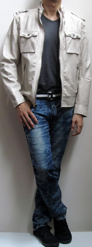 Edgy Street Style with Off White Leather Jacket and Blue Acid Wash Jeans
