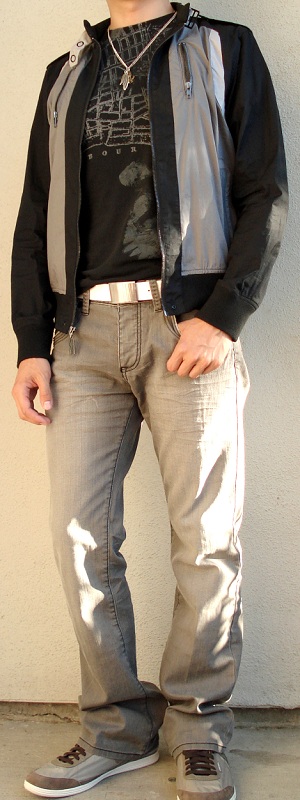 Edgy Streetwear Black Track Jacket with Black Graphic Tee Grey Wash Jeans and White Belt Outfit