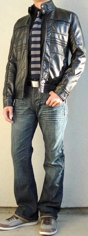 Edgy Urban Night Out Leather Racer Jacket and Bootcut Jeans Outfit