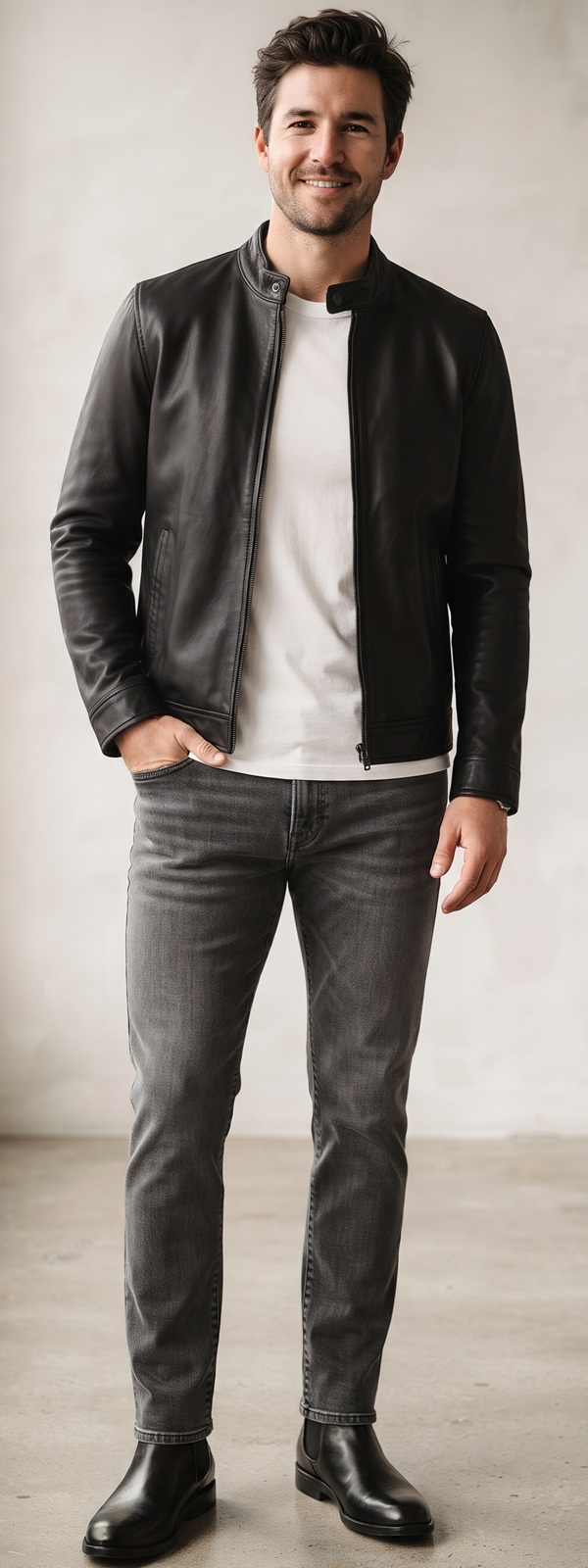 Effortless Black Leather Jacket and Grey Wash Jeans Outfit