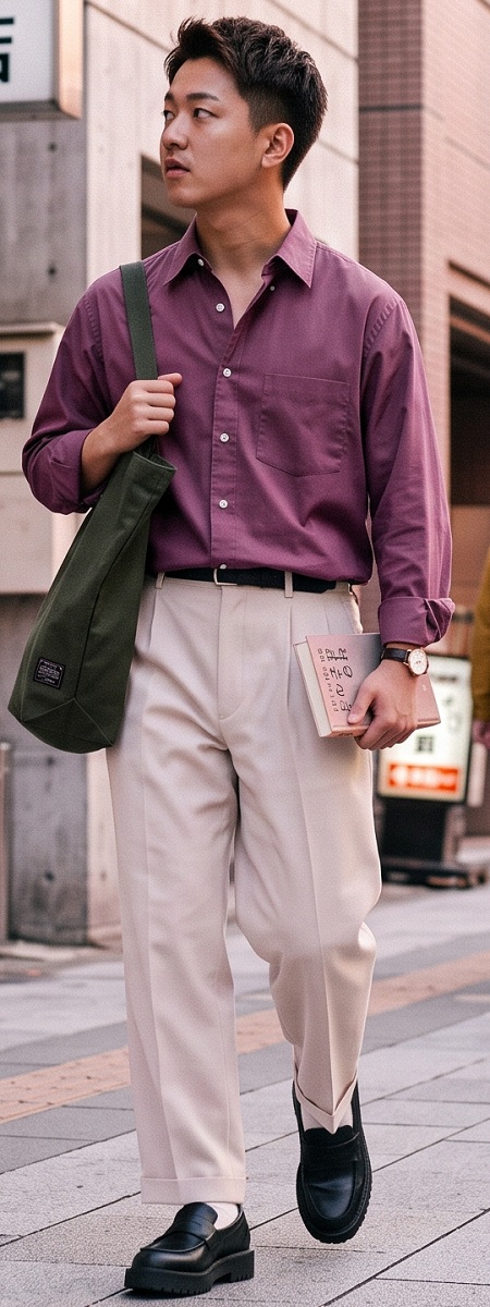 Effortless City Smart Casual Outfit Featuring a Rich Plum Button-Down Shirt, Pleated Cream Dress Pants, and Chunky Lug Sole Loafers