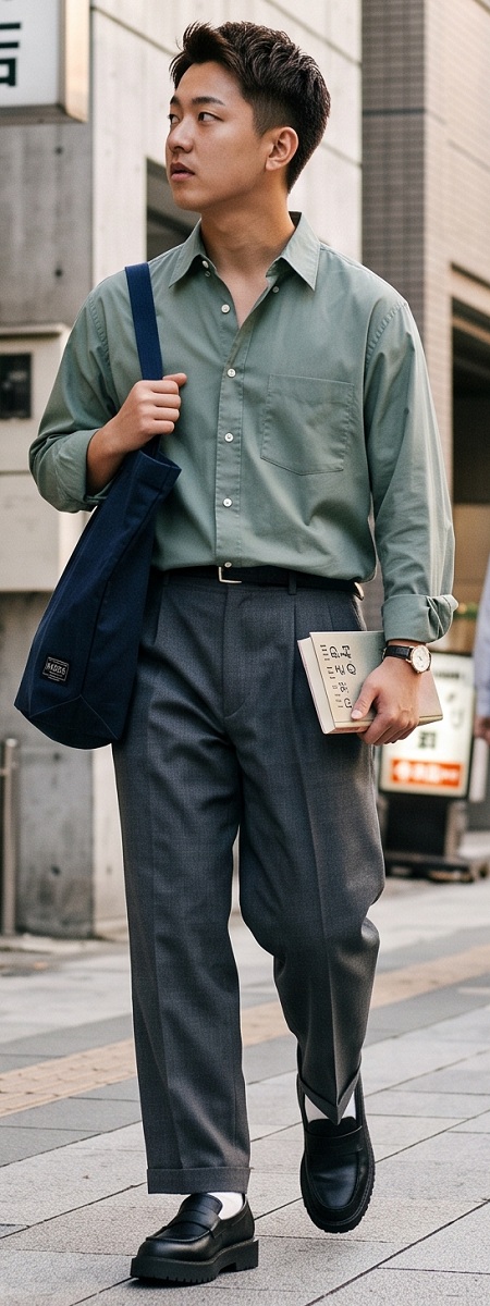 Effortless City Smart Casual Outfit Featuring Sage Green Dress Shirt, Pleated Charcoal Dress Pants, and Chunky Lug Sole Loafers