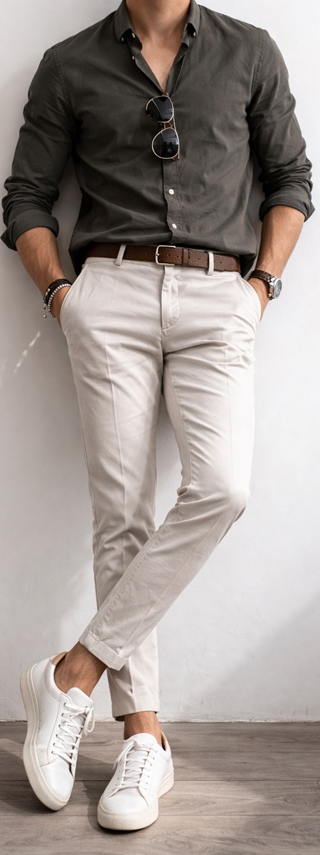 Effortless French Casual Olive Button Down and Cream Chinos
