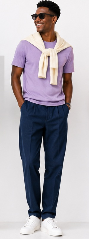 Effortless Preppy Purple Tee and Navy Trousers