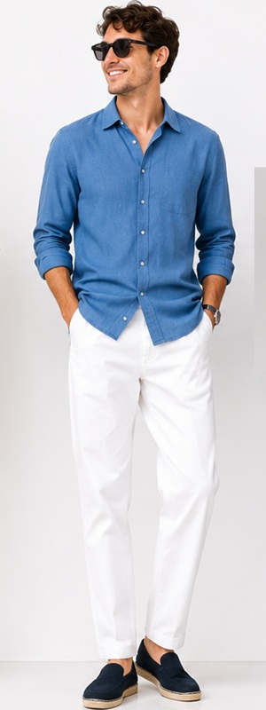 Effortless Resort Casual Blue Linen Shirt and White Trousers