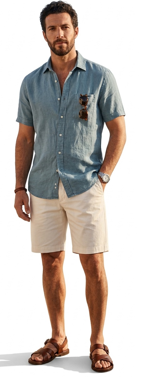 Effortless Resort Casual Light Blue Linen Shirt and Cream Shorts