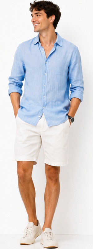 Effortless Resort Casual Light Blue Linen Shirt and White Shorts