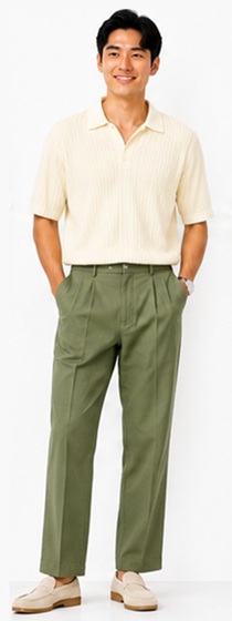 Effortless Retro Smart Casual with Knit Polo and Olive Pleated Trousers