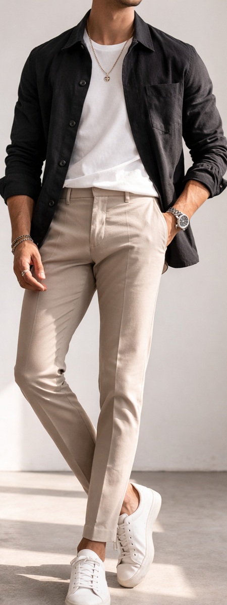 Effortless Smart Casual Black Button Down and Beige Trousers Combo